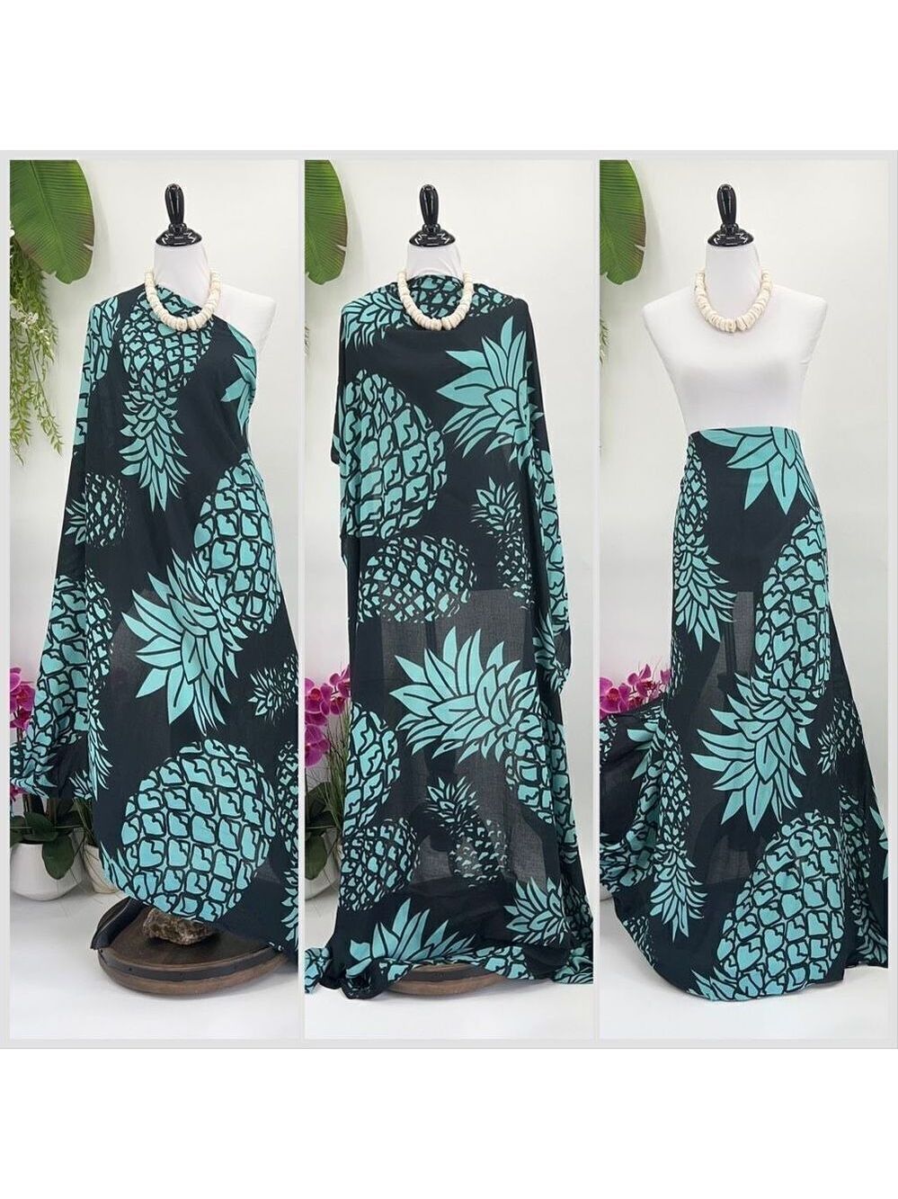 Black/Teal Pineapple Tropical MAXI SARONG Kīkepa Pareo Beach Wrap Skirt